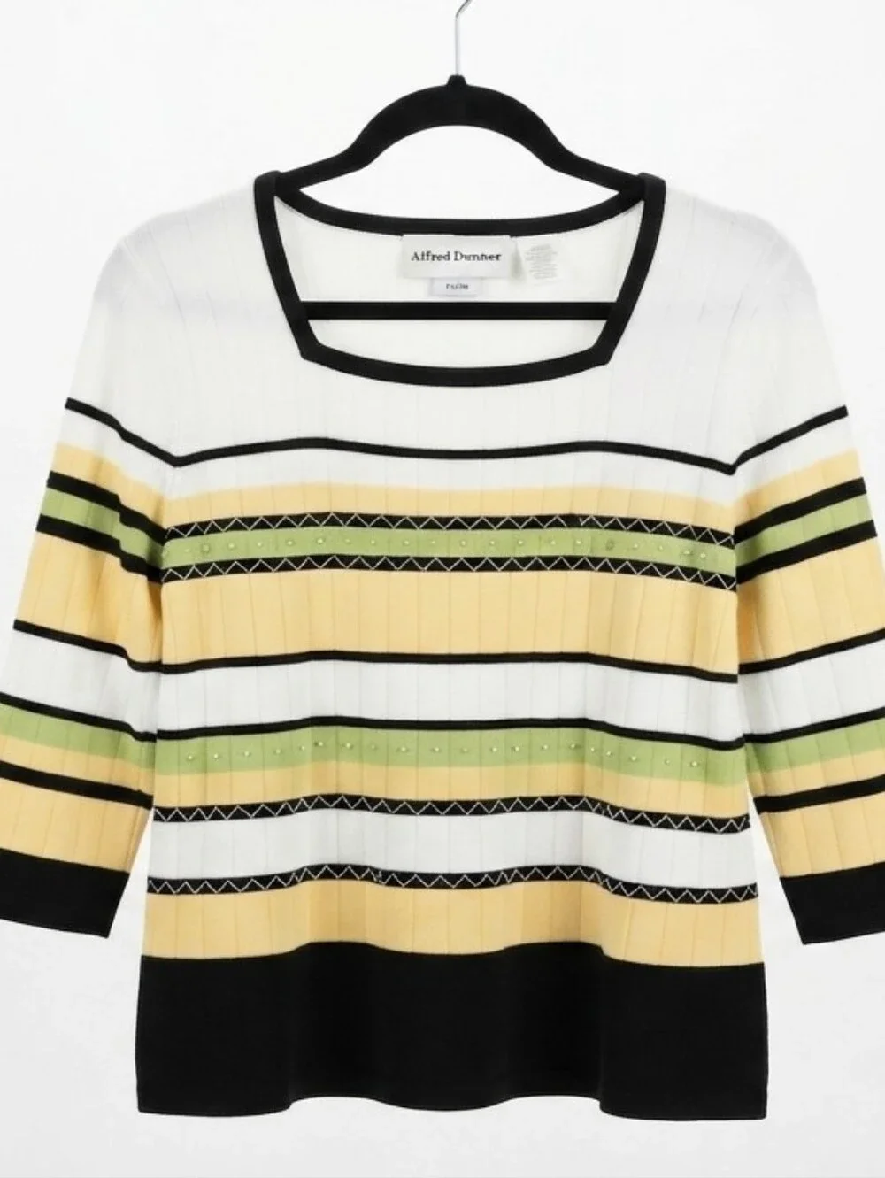 Alfred Dunner Petite Women's Square Neck Striped Knit Top Size PM 3/4 Sleeve